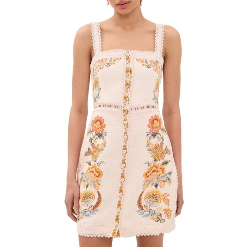 FARM Rio Ligia Linen Mini Dress M Floral Embroidered Lace Button Front